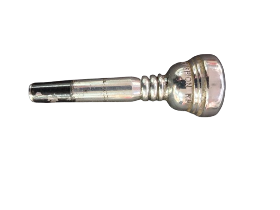 Silver trumpet mouthpiece on a white background