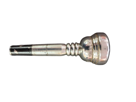 Silver trumpet mouthpiece on a white background