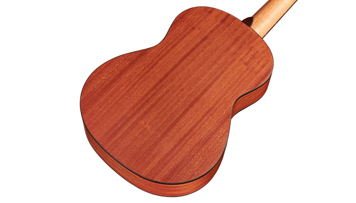 Close-up of a wooden acoustic guitar body