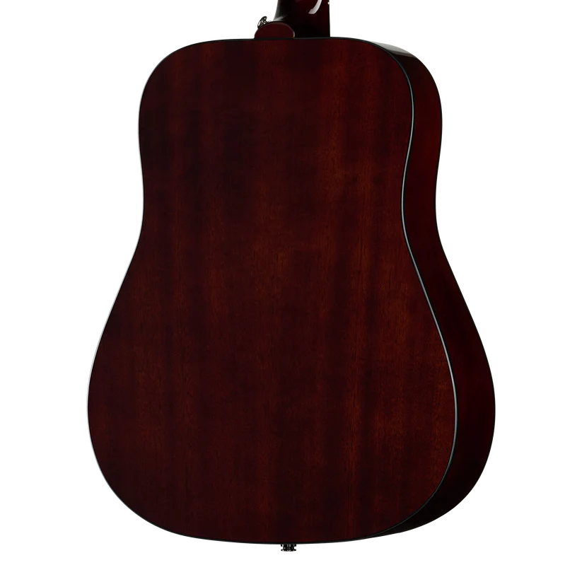 The back of a dreadnought-style acoustic guitar, showing a rich dark reddish-brown wood finish with a glossy sheen and a thin black edge trim.