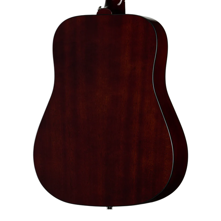 The back of a dreadnought-style acoustic guitar, showing a rich dark reddish-brown wood finish with a glossy sheen and a thin black edge trim.