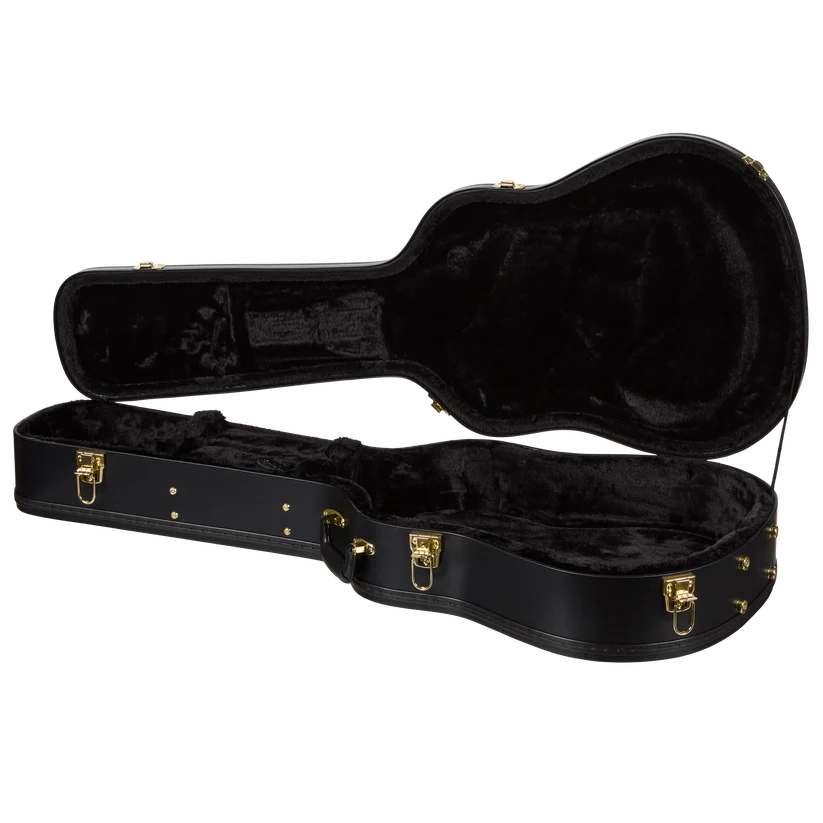 An open black hard guitar case with plush black interior lining and gold-tone metal latches, photographed