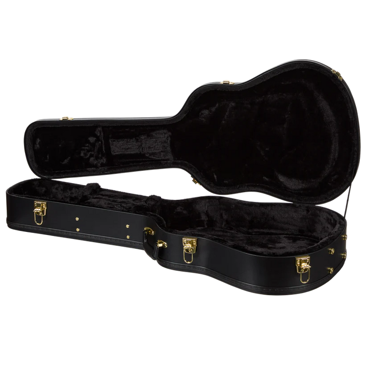 An open black hard guitar case with plush black interior lining and gold-tone metal latches, photographed