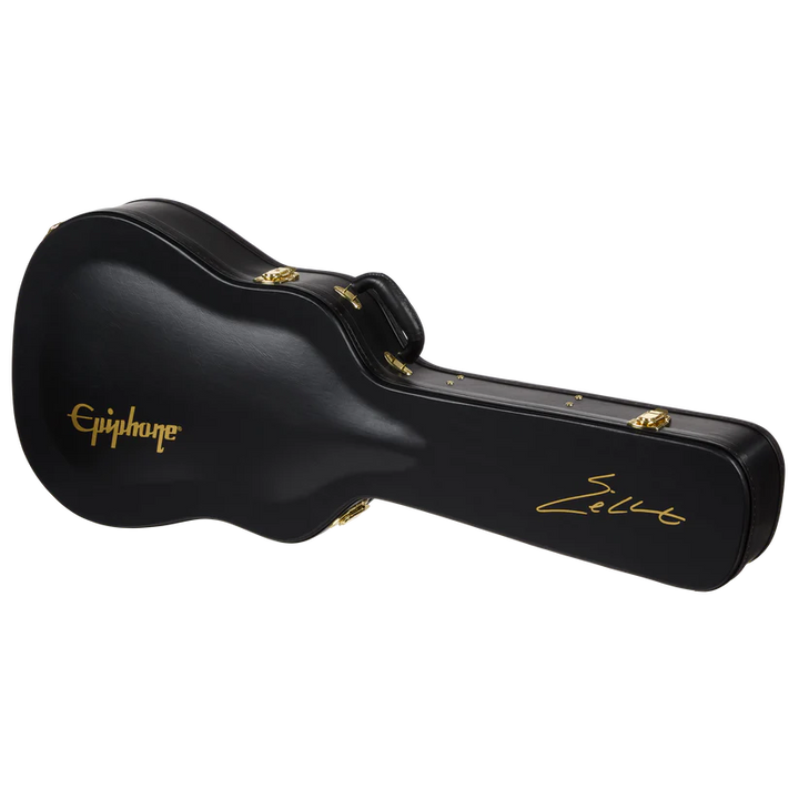 A black hard case for a stringed instrument, shown at an angle on a white background. The case features gold Epiphone branding on the side and a gold signature on the end.