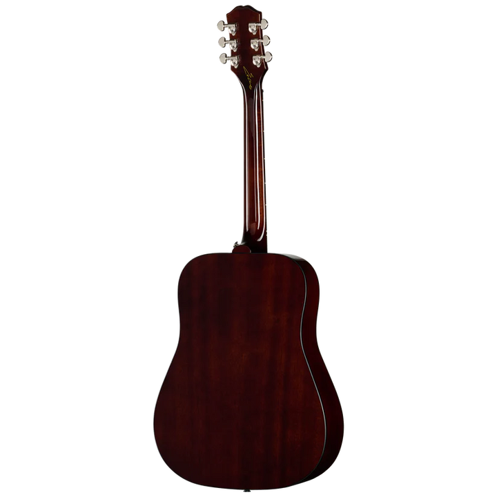 The back view of a dark reddish-brown acoustic guitar against