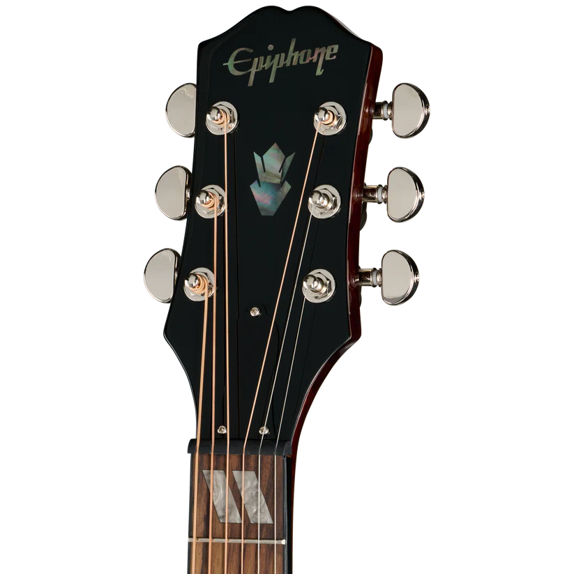Close-up of the headstock of an Epiphone acoustic guitar, showing six tuning pegs, the brand name in script.