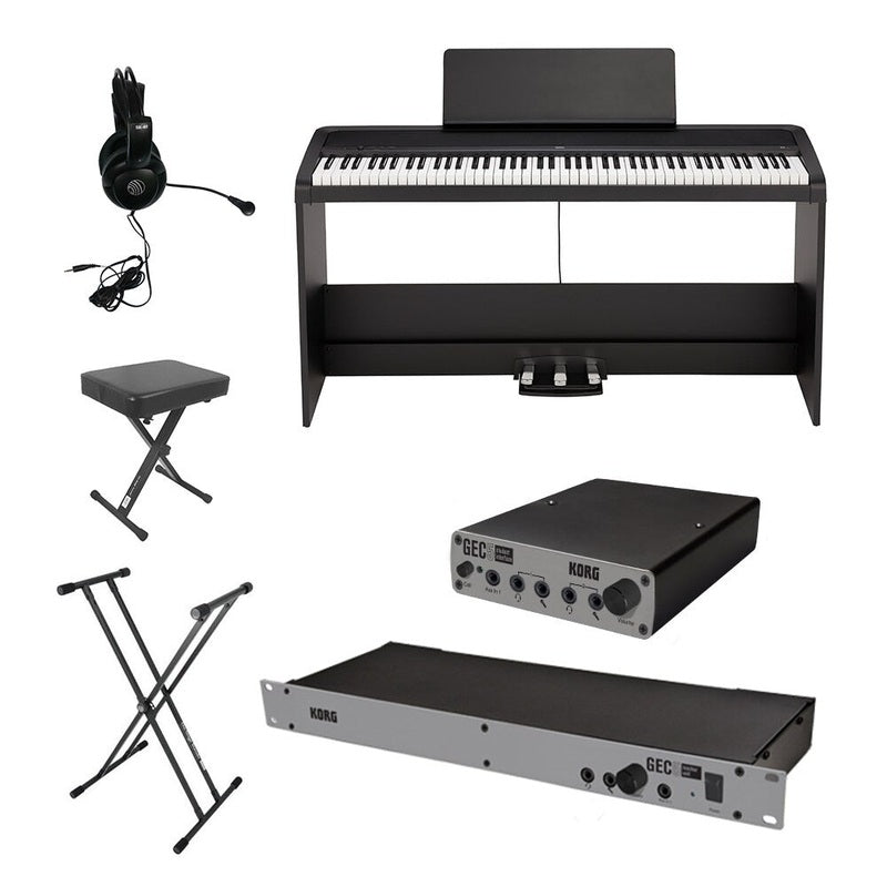 Korg digital piano on a furniture style stand with 3 pedal unit,, accessories, and lab equipment