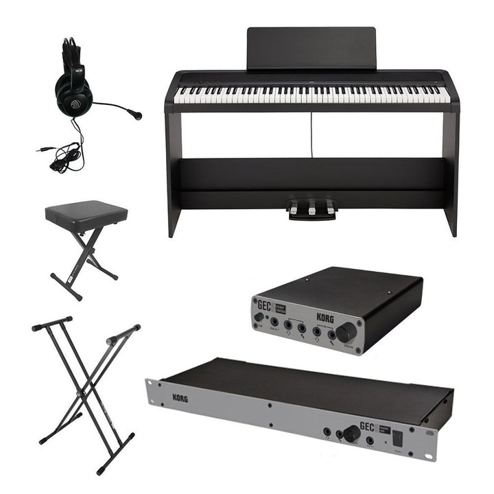 Korg digital piano on a furniture style stand with 3 pedal unit,, accessories, and lab equipment