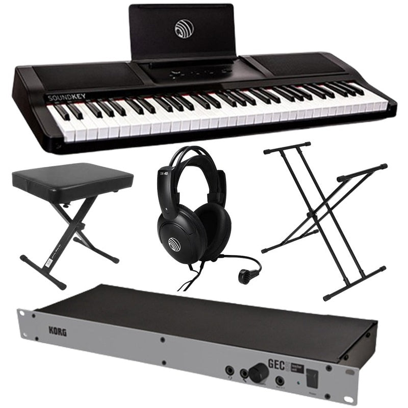 Music equipment including a keyboard, bench, headphones, and rack