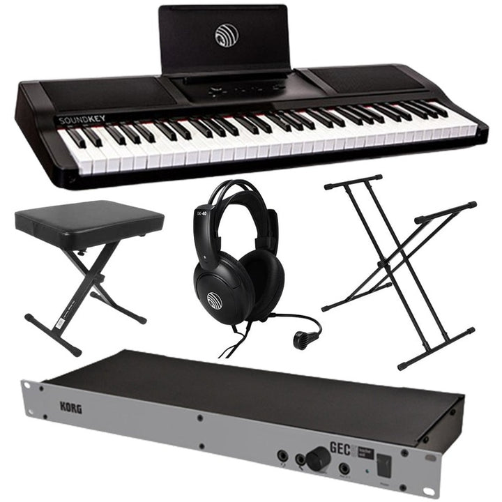 Music equipment including a keyboard, bench, headphones, and rack