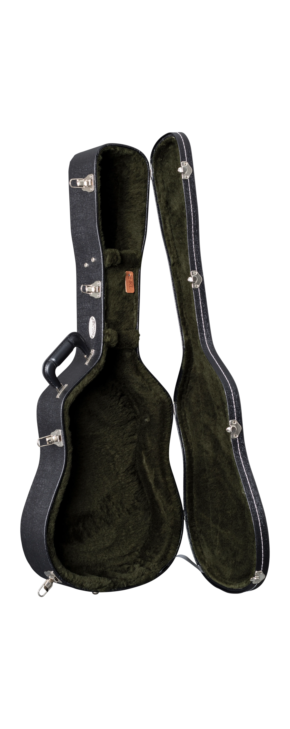 Black guitar case with plush dark green interior on a white background