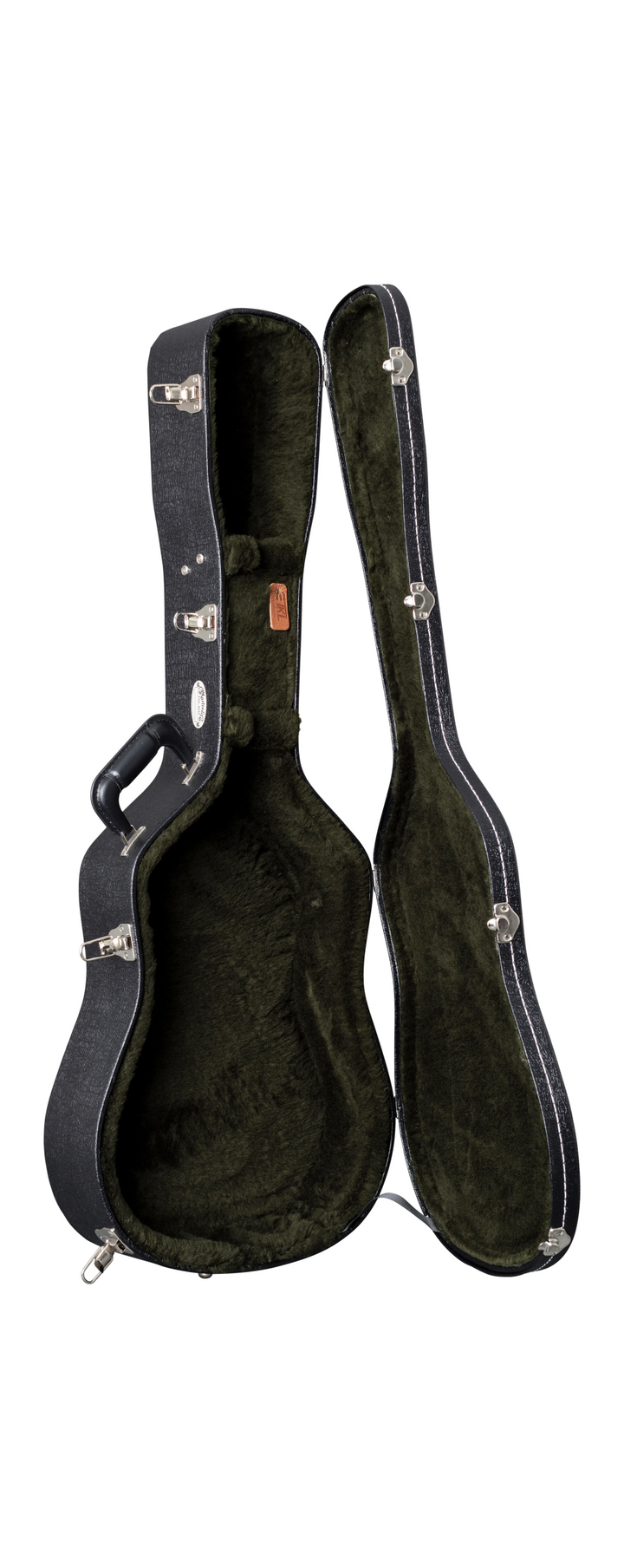 Black guitar case with plush dark green interior on a white background