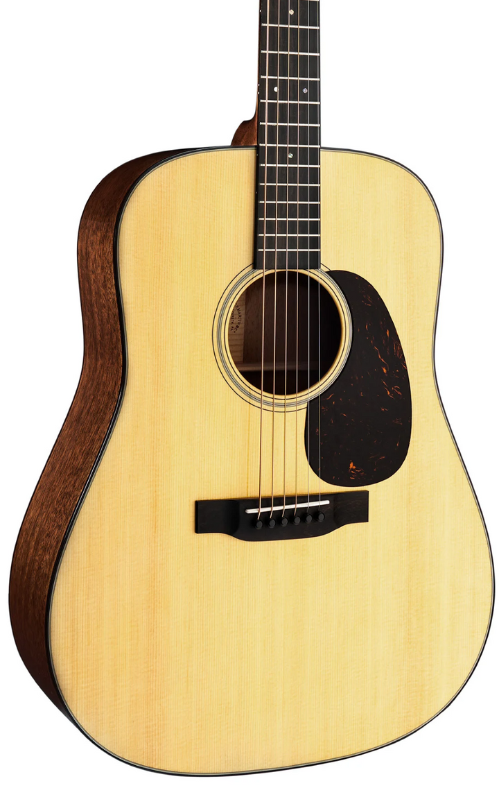 An acoustic guitar with a natural wood body, dark brown sides, and a black pickguard, shown against a plain white background.