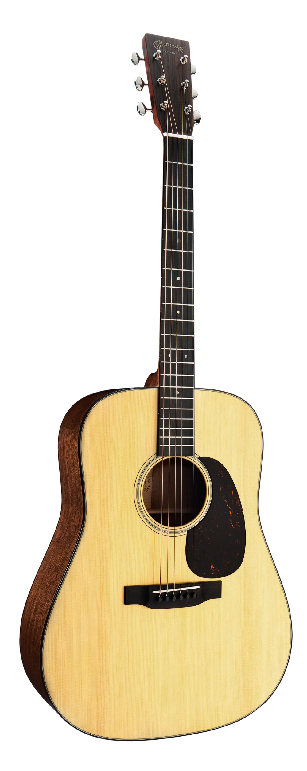Acoustic guitar with a wooden body and neck on a white background