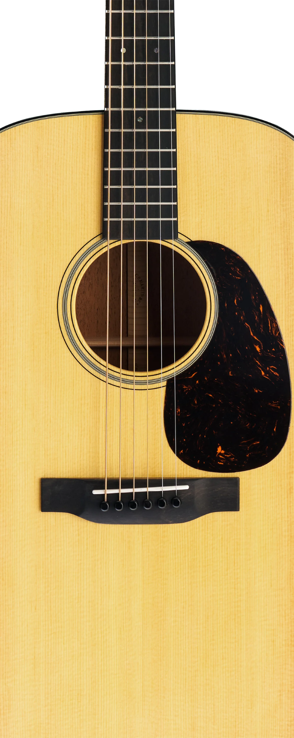 Acoustic guitar with a focus on the body and neck