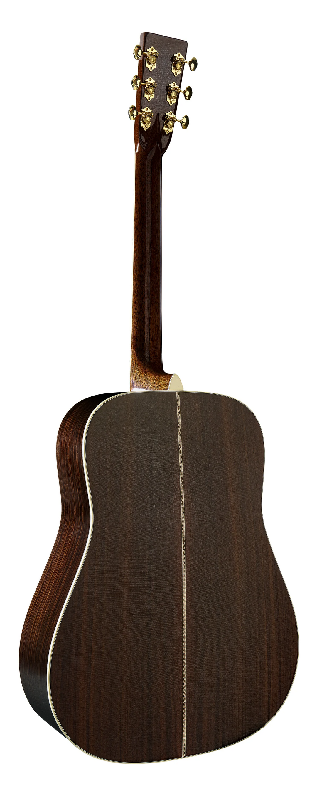 Backside of an acoustic guitar with a dark wood finish on a white background