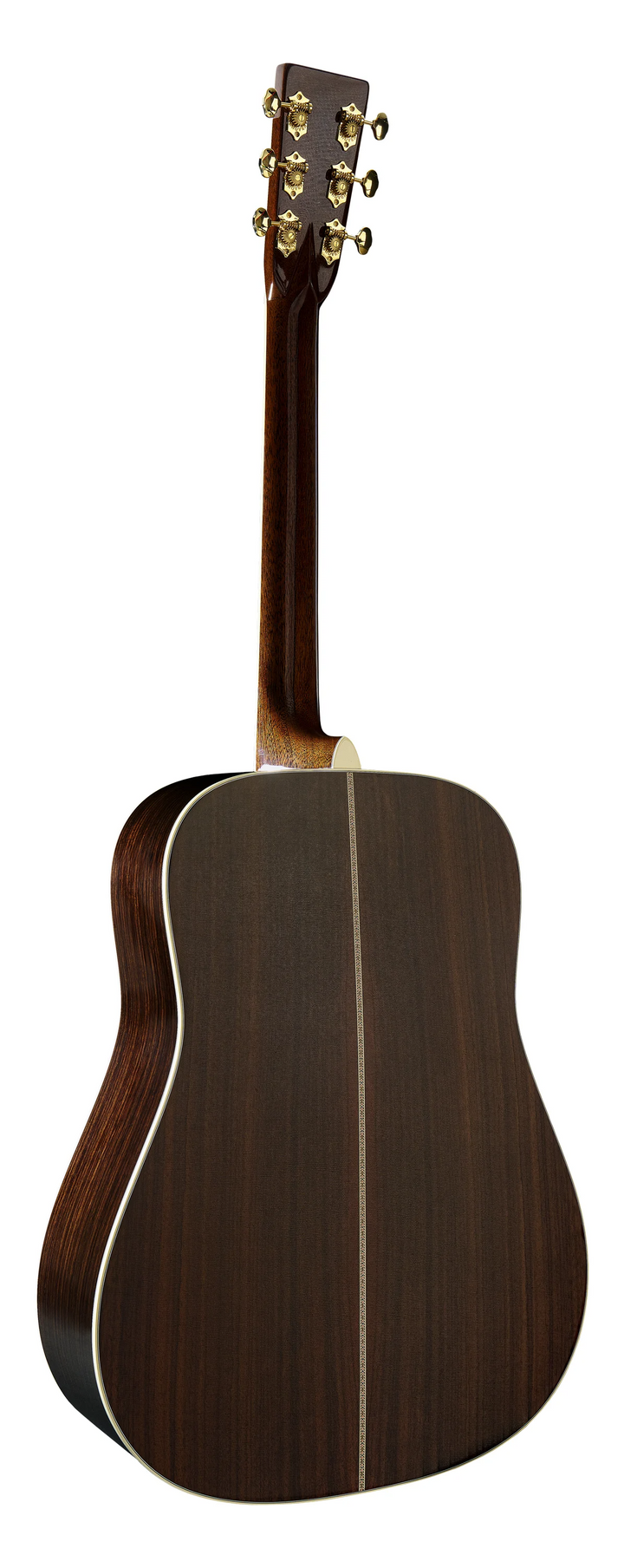 Backside of an acoustic guitar with a dark wood finish on a white background