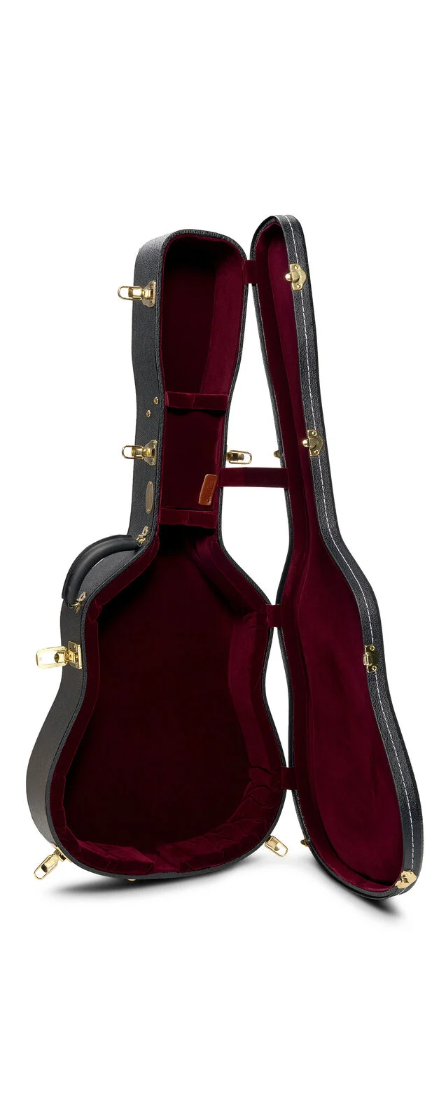 Black guitar case with red velvet interior and gold latches
