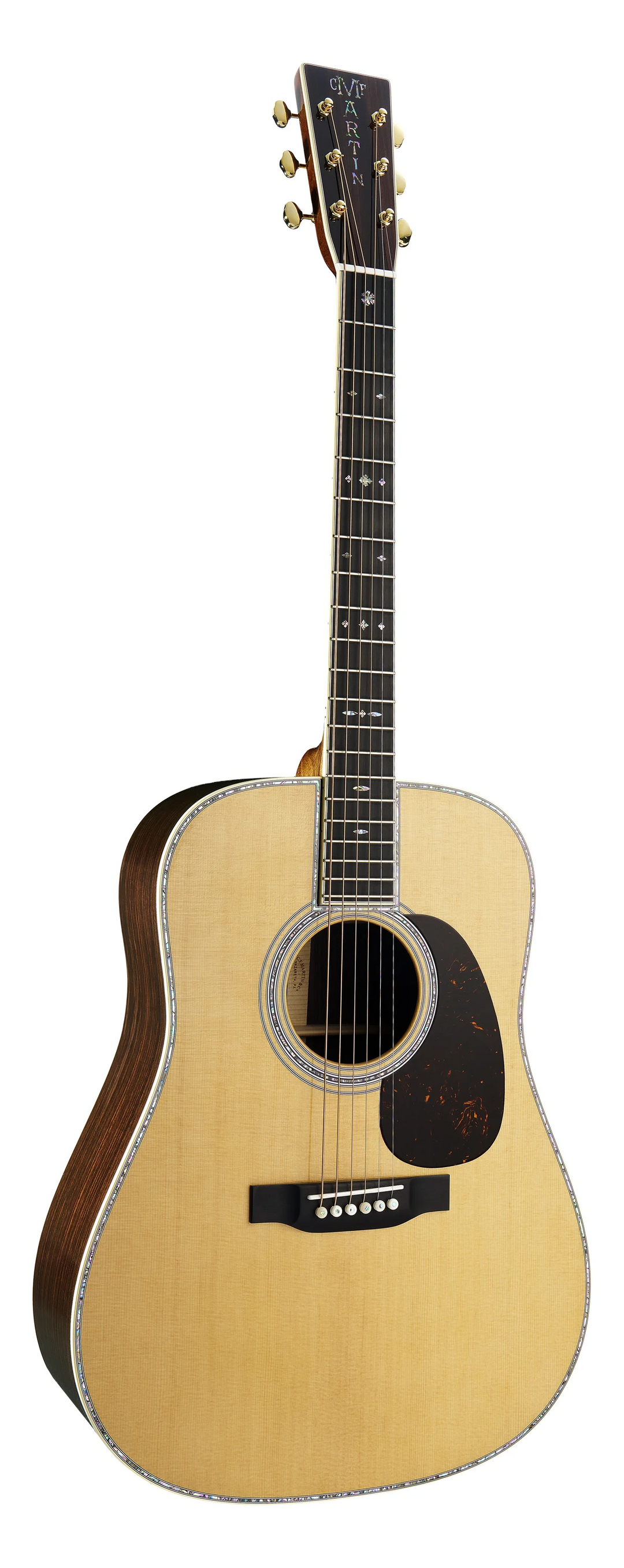 Acoustic guitar with a wooden body and dark brown neck