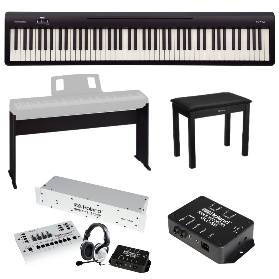 Roland digital piano, furniture style stand, bench, and lab accessories.