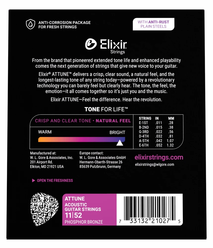 Elixir Attune Phosphor Bronze Acoustic Guitar Strings - Custom Light — back view