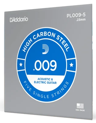 D'Addario PL009-5 Plain Steel Single Guitar Strings - 5 Pack of .009's — front angle