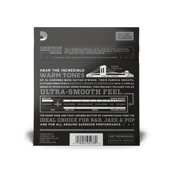 D'Addario ECB81M Chromes Medium Scale Flat Wound Bass String Set - Regular Light — back view