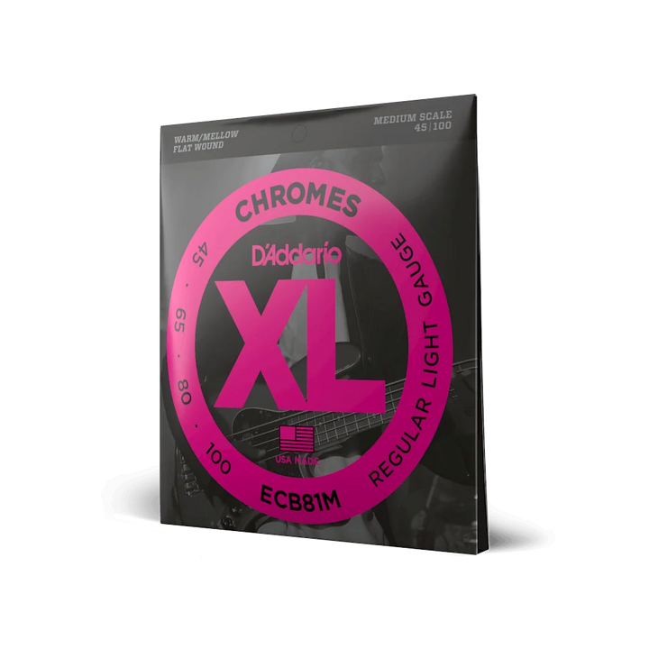 D'Addario ECB81M Chromes Medium Scale Flat Wound Bass String Set - Regular Light — front angle