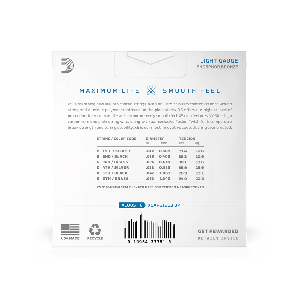 D'Addario XSAPB1253 XS 10-Pack Phospher Bronze Acoustic Guitar Strings - Light — back view