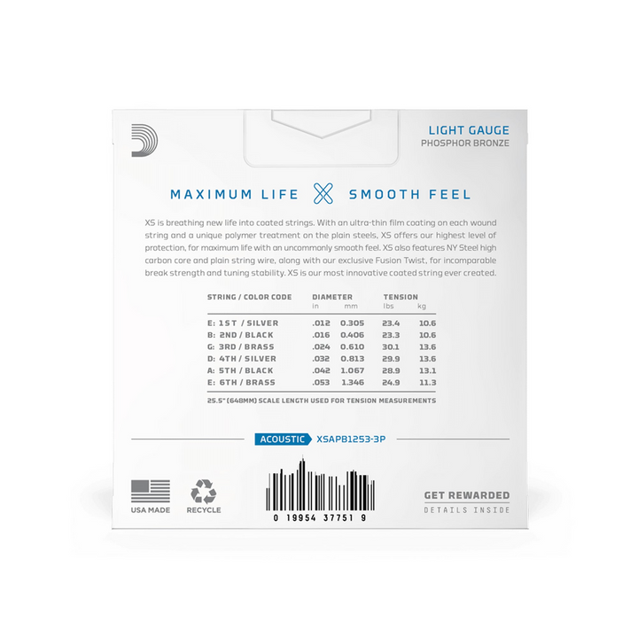 D'Addario XSAPB1253 XS 10-Pack Phospher Bronze Acoustic Guitar Strings - Light — back view