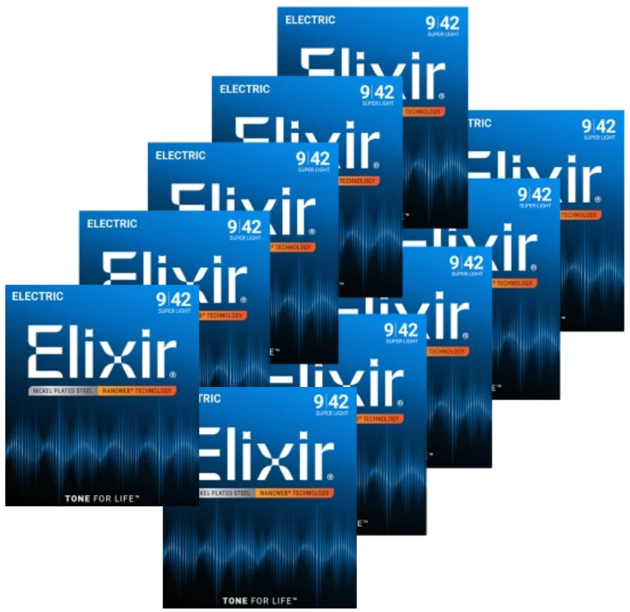 Elixir 12002 Nanoweb 10-Pack Electric Guitar Strings - Super Light — front angle