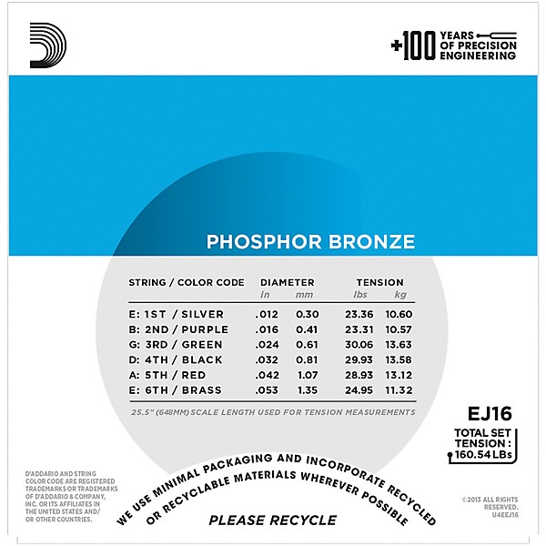 D'Addario EJ16 10-Pack Phosphor Bronze Acoustic Guitar Strings - Light — back view