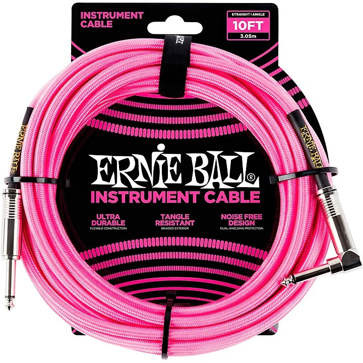 Ernie Ball 6078 10' Braided Cable w/Right Angle Neon Pink