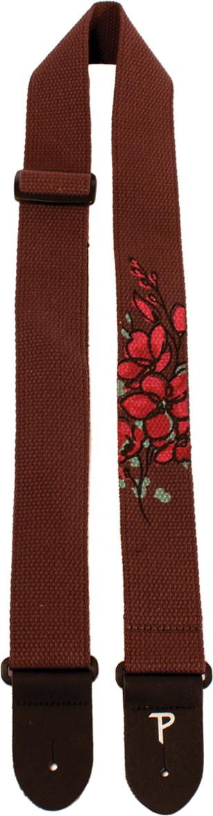 Perri's 2″ Red Floral Screen Printed Brown Cotton Strap with Leather Ends