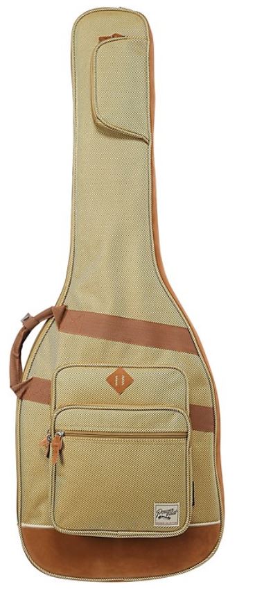 Beige guitar case with brown accents on a white background