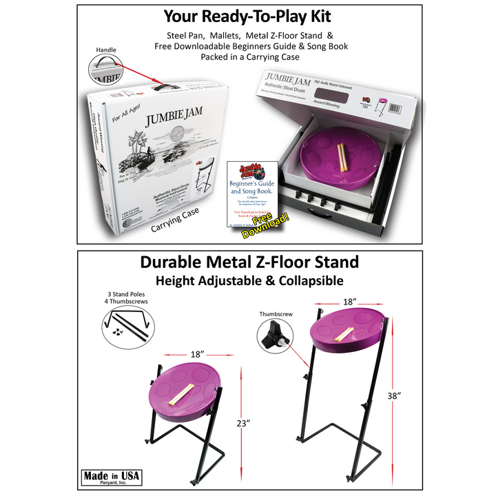 Jumbie Jam Steel Drum Kit - Metal Z-Floor Stand - Purple Pan (G) 2
