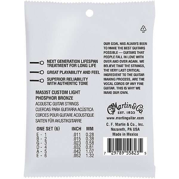 Martin MA535T Lifespan 2.0 Phosphor Bronze Authentic Acoustic Guitar Strings - Custom Light