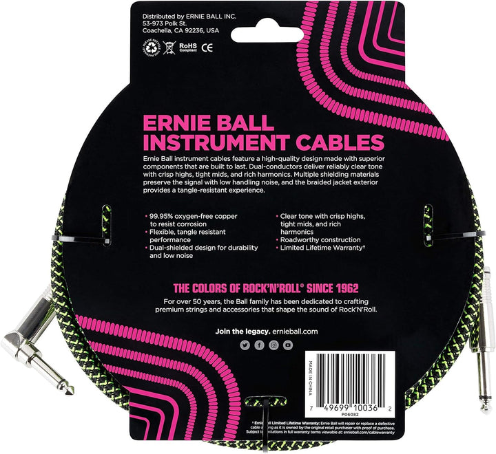 Ernie Ball 18ft Straight/Angle Braided Instrument Cable - Black/Green