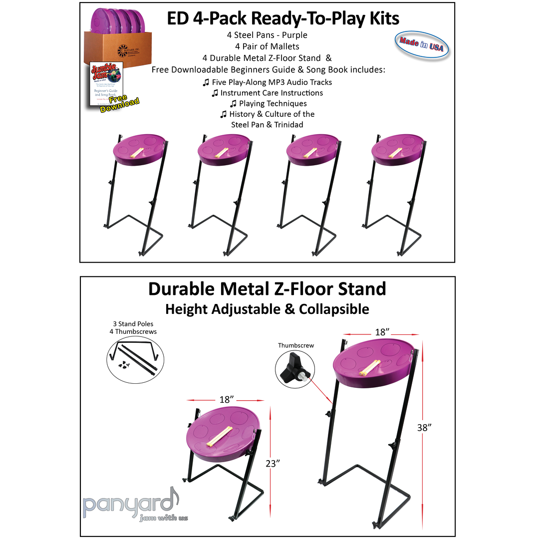 Jumbie Jam Steel Drum Educators 4-Pack - Metal Z-Floor Stands - Purple Pans (G) 3