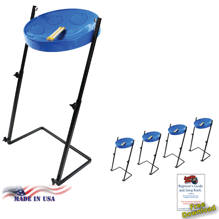 Jumbie Jam Steel Drum Educators 4-Pack - Metal Z-Floor Stands - Blue Pans (G)