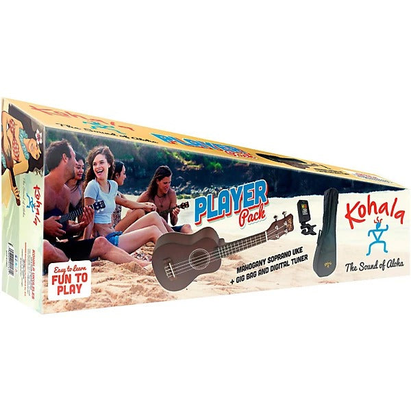 Kohala KPP-S Soprano Ukulele Pack, Includes Padded Gig Bag and Clip-on Tuner Package - Brown