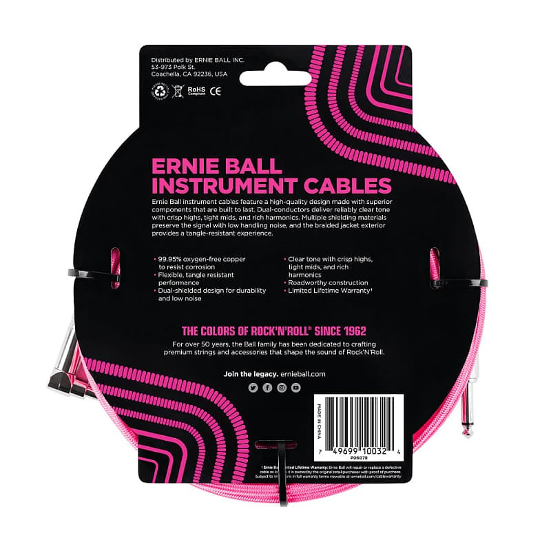 Ernie Ball 6078 10' Braided Cable w/Right Angle Neon Pink