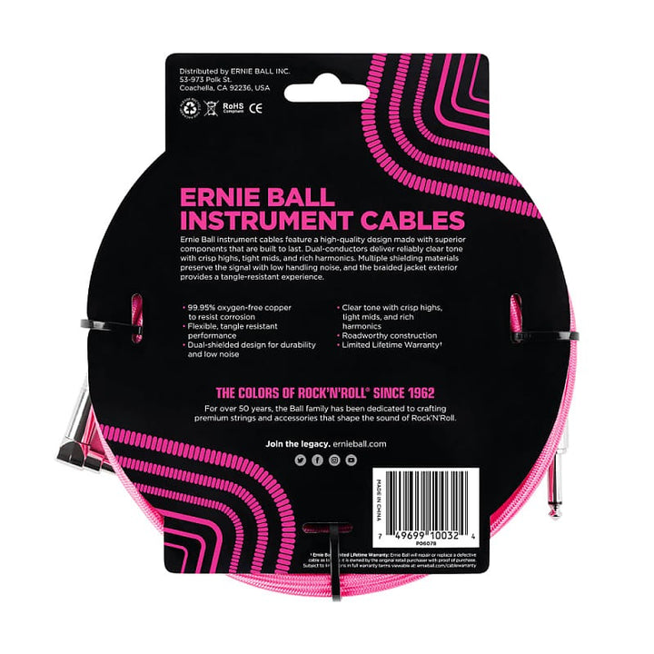 Ernie Ball 6078 10' Braided Cable w/Right Angle Neon Pink