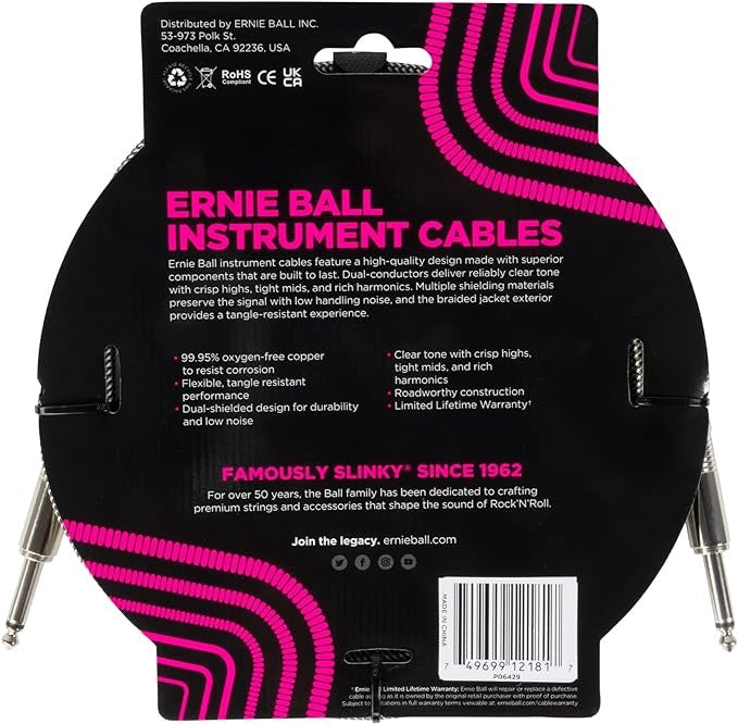 Ernie Ball 10ft Straight/Straight Braided Instrument Cable - Silver Fox