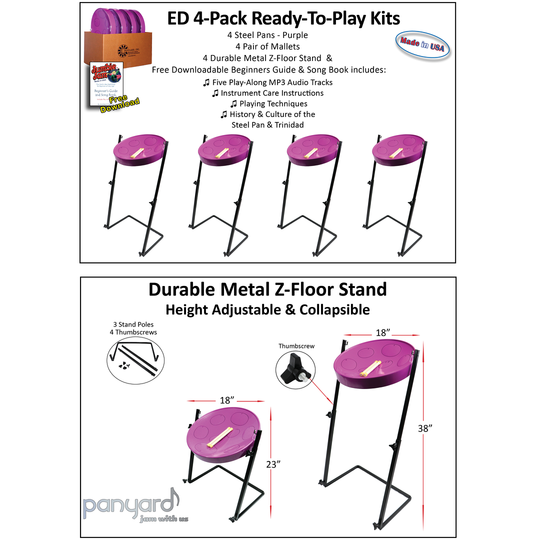 Jumbie Jam Steel Drum Educators 4-Pack - Metal Z-Floor Stands - Purple Pans (G)