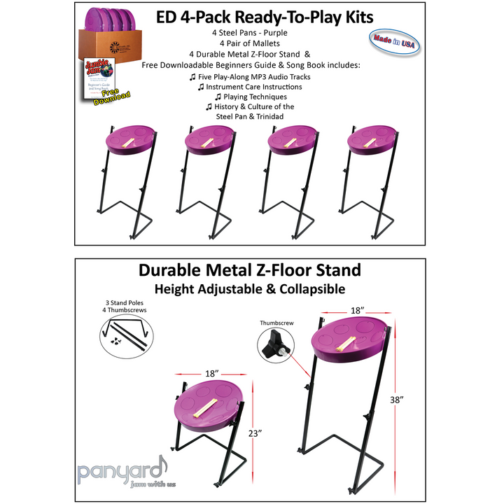 Jumbie Jam Steel Drum Educators 4-Pack - Metal Z-Floor Stands - Purple Pans (G)