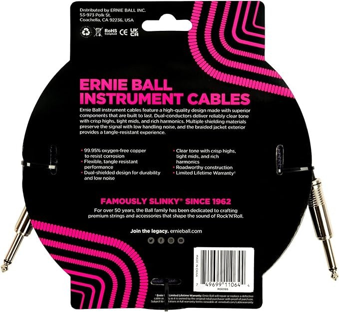 Ernie Ball 18ft Straight/Straight Braided Instrument Cable - Purple/Black