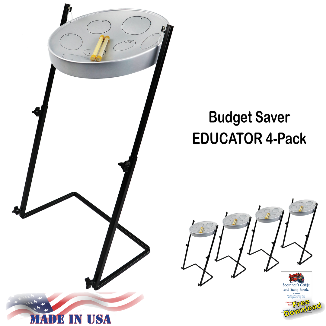 Jumbie Jam Steel Drum Educators 4-Pack - Metal Z-Floor Stands - Silver Pans (G)