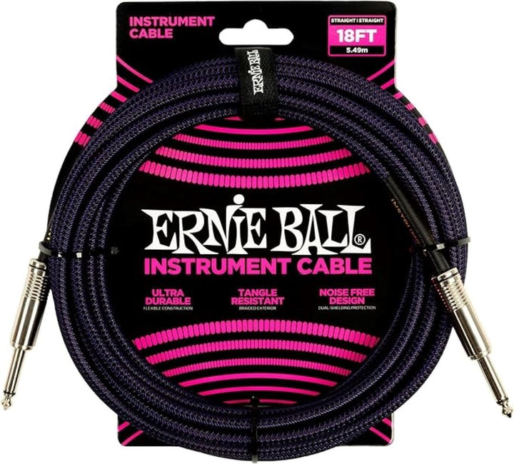 Ernie Ball 18ft Straight/Straight Braided Instrument Cable - Purple/Black