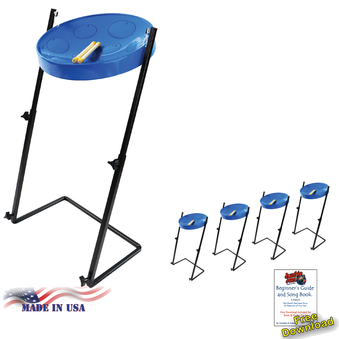 Jumbie Jam Steel Drum Educators 4-Pack - Metal Z-Floor Stands - Blue Pans (G)